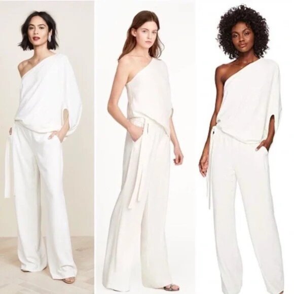 Halston Heritage Gia One Shoulder Wide Legs Jumpsuit Gala Cocktail Soiree - Picture 4 of 9